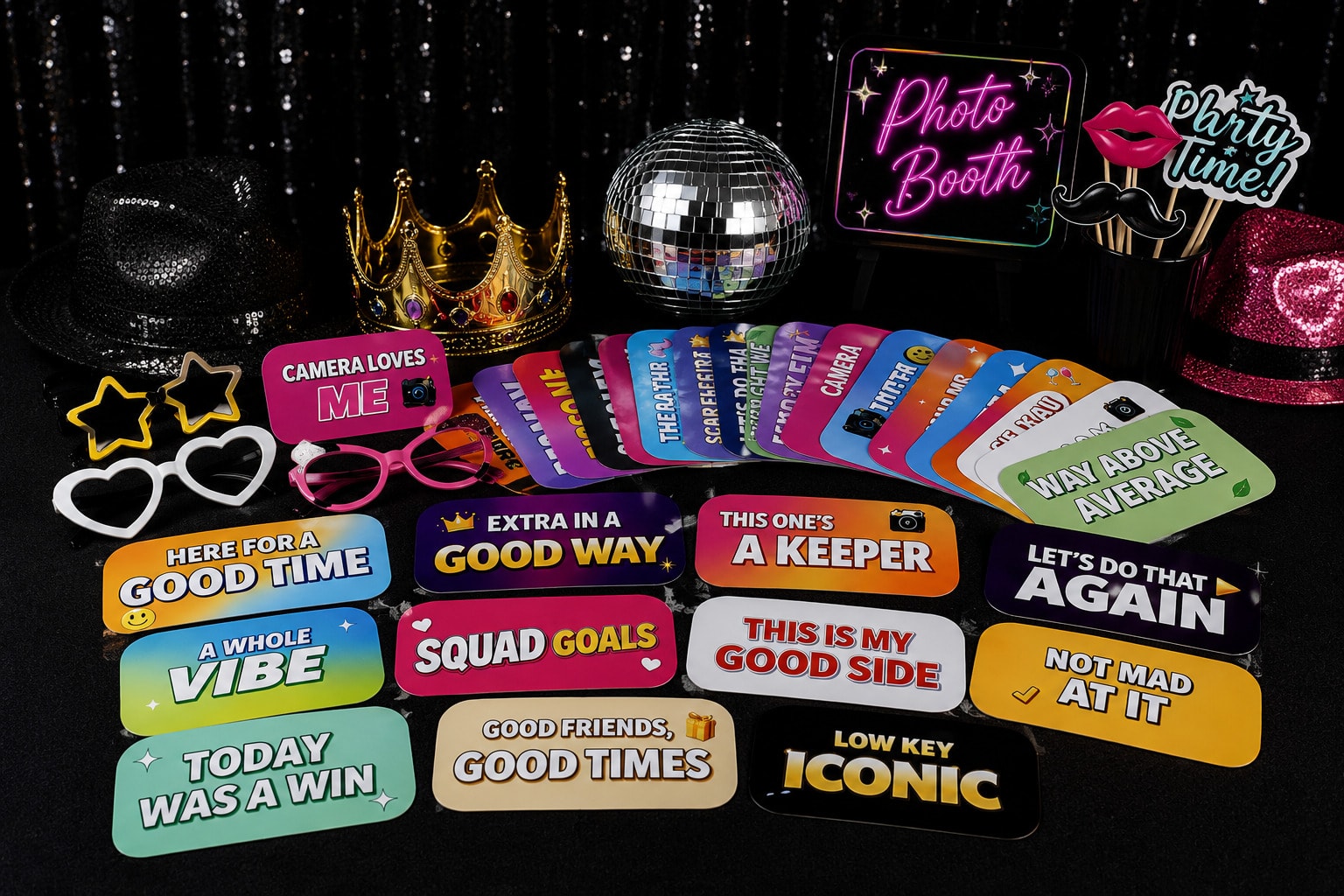 Photo booth props including colorful signs, glasses, crowns, and a disco ball