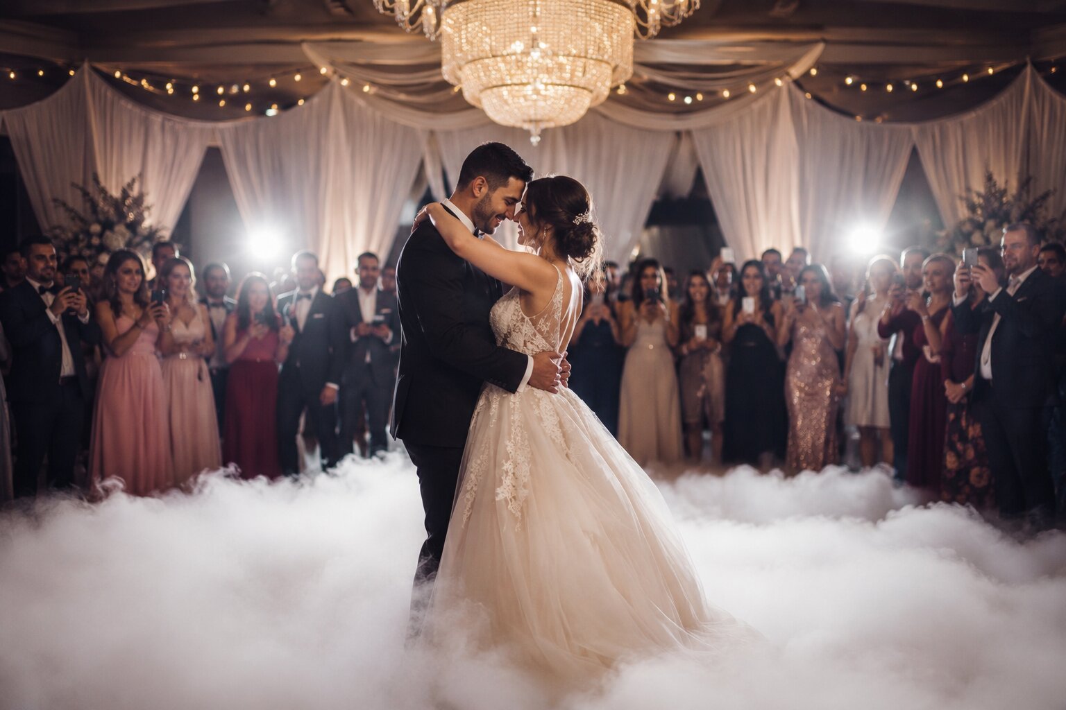 Wedding couple first dance with fog effect and guests